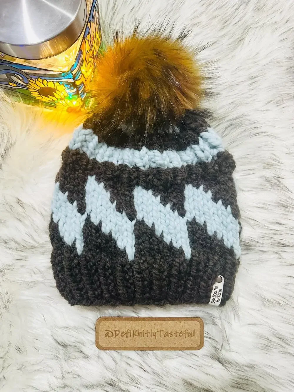 Hand Knit Tilt A Whirl Beanie: Cozy Winter Hat with Faux Fur Pom